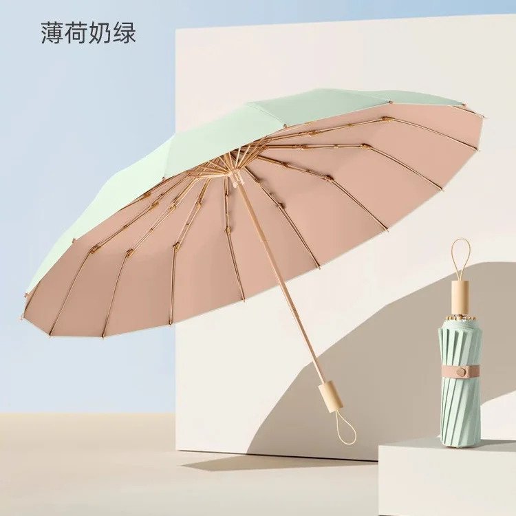 Guarda-chuva Dobrável Feminino (rosa E Verde 16k), Proteção Uv Upf50+, Resistente Ao Vento, 40 Cm (16 Polegadas)