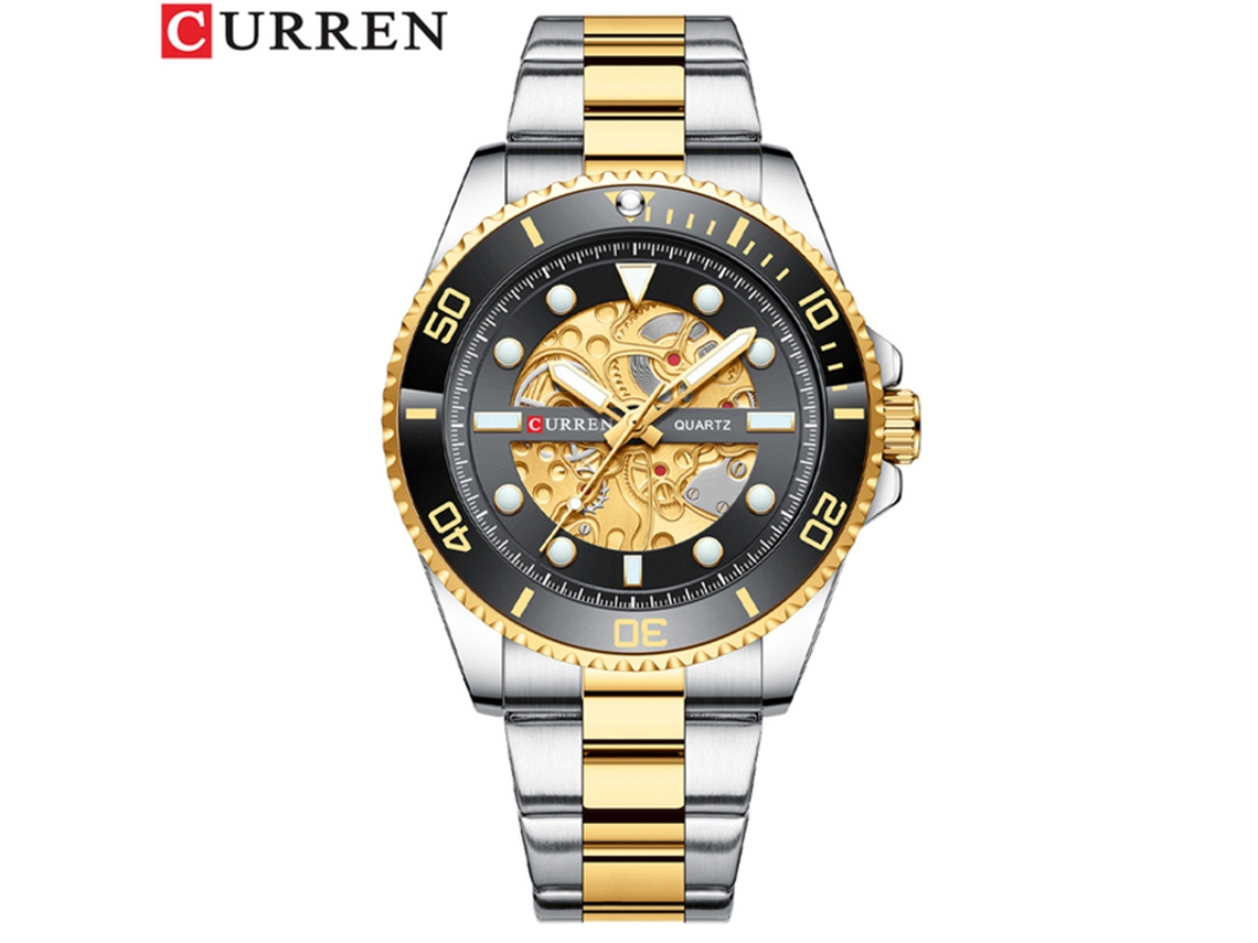 Relógio Masculino Casual , Estilo Mecânico, Esqueletizado, de Quartzo, com Pulseira de Aço e Acabamento Luminoso. MDUG (preto)