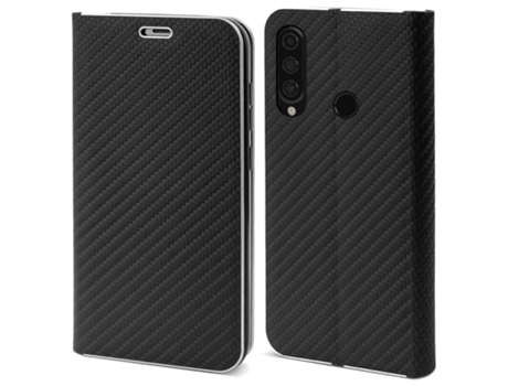 Capa Tipo Carteira MOOZY para Huawei P30 Lite Carbono Preto – Proteção de Borda Metálica com Fecho Magnético e Suporte para Cartão