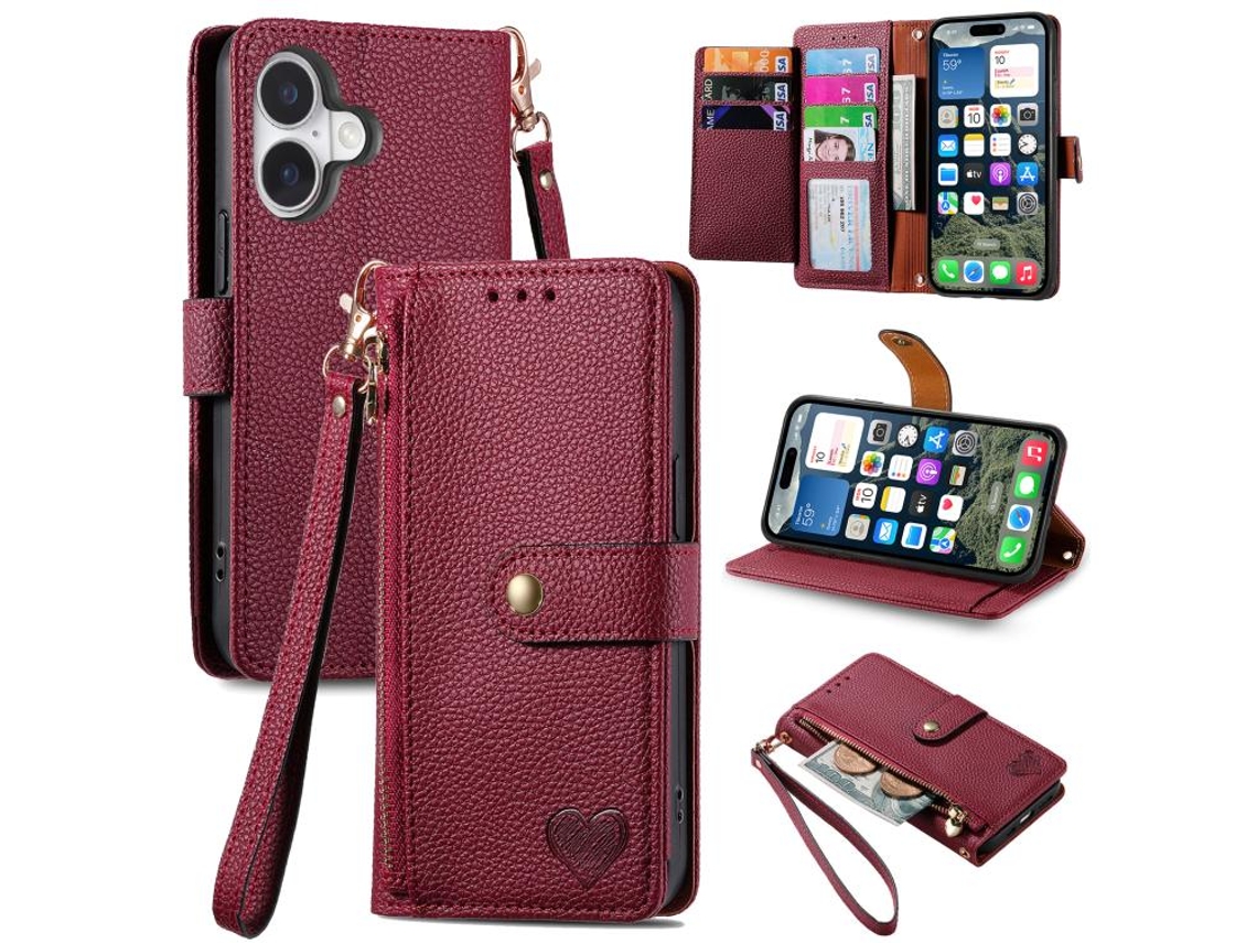 Capa De Couro Para Iphone 17 Com Cordão De Zíper Em Formato De Coração.