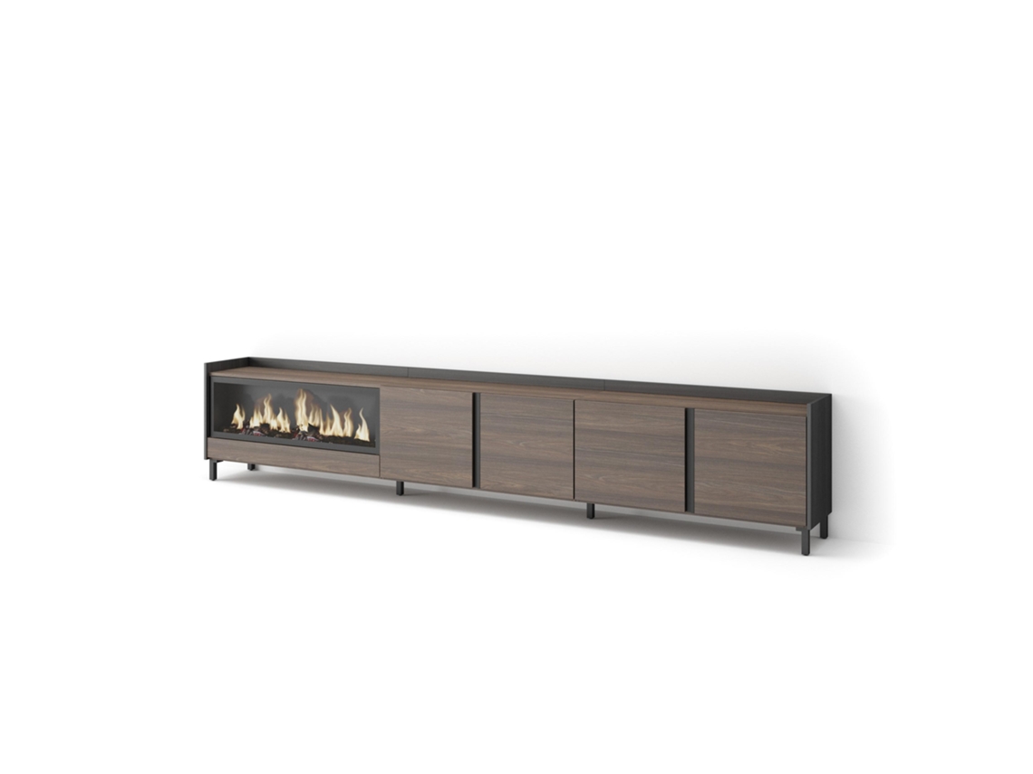 Móvel De Tv, 315x35x61cm, Para Televisores Até 80", Lareira Eléctrica Xxl, Design Industrial, Carvalho Escuro E Preto