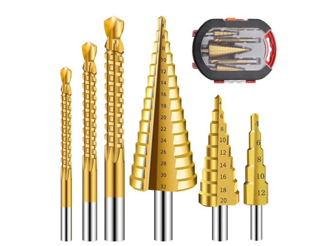 Set De 6 Brocas De Escalera De Titanio Hss 4241 Com Estojo Brocas De Passos Múltiplos