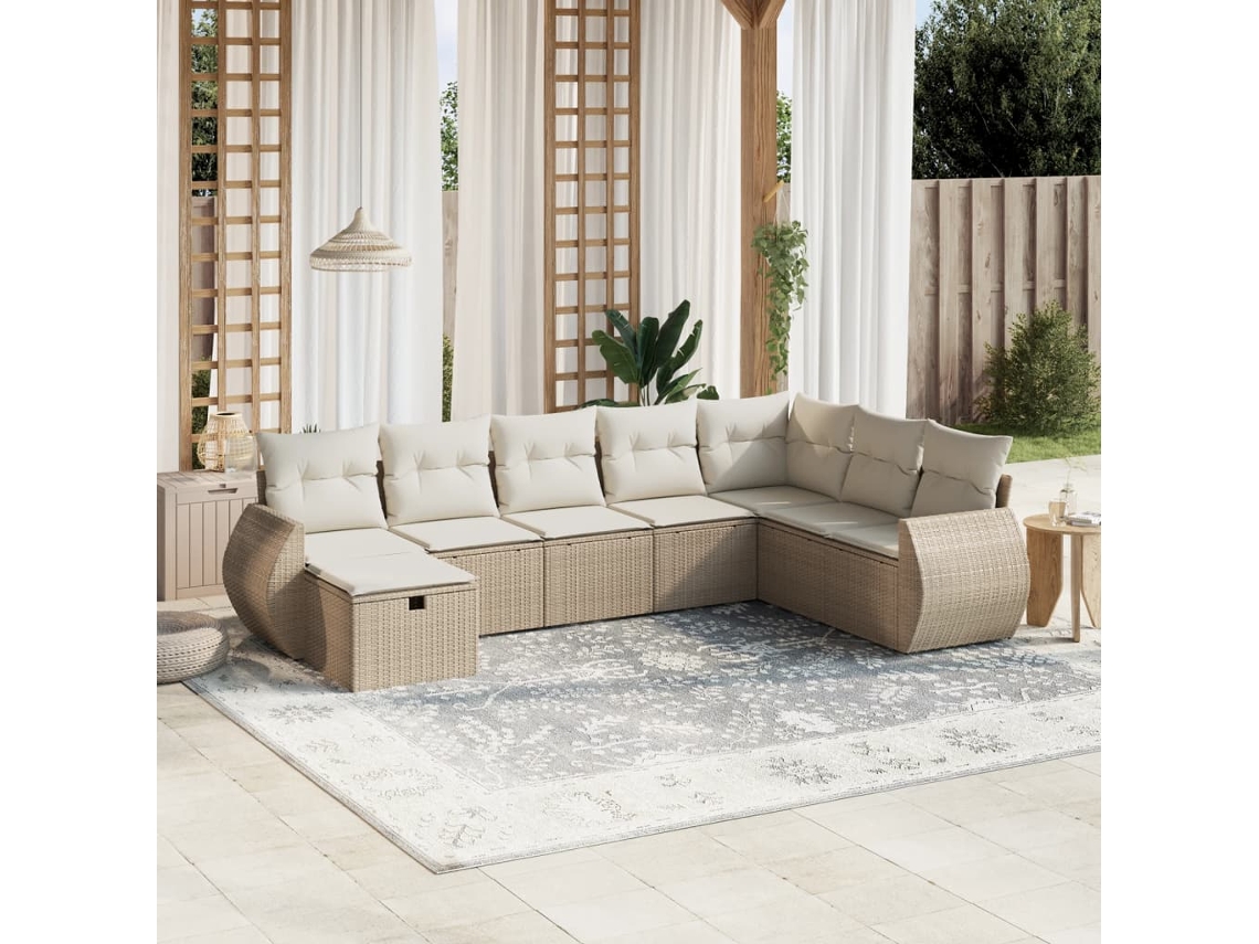 Vidaxl 8 Pcs Conjunto De Sofás P/ Jardim Com Almofadões Vime Pe Bege