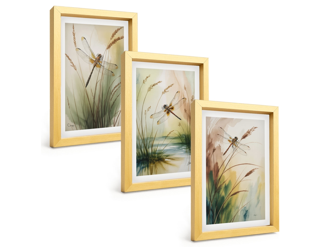 Composição De Quadros Na Paredelibélulas, Grama, Água, Pintura Moldura Dourada Quadros Para A Sala De Estar Espelharte (3 Peças 20x30 Cm)