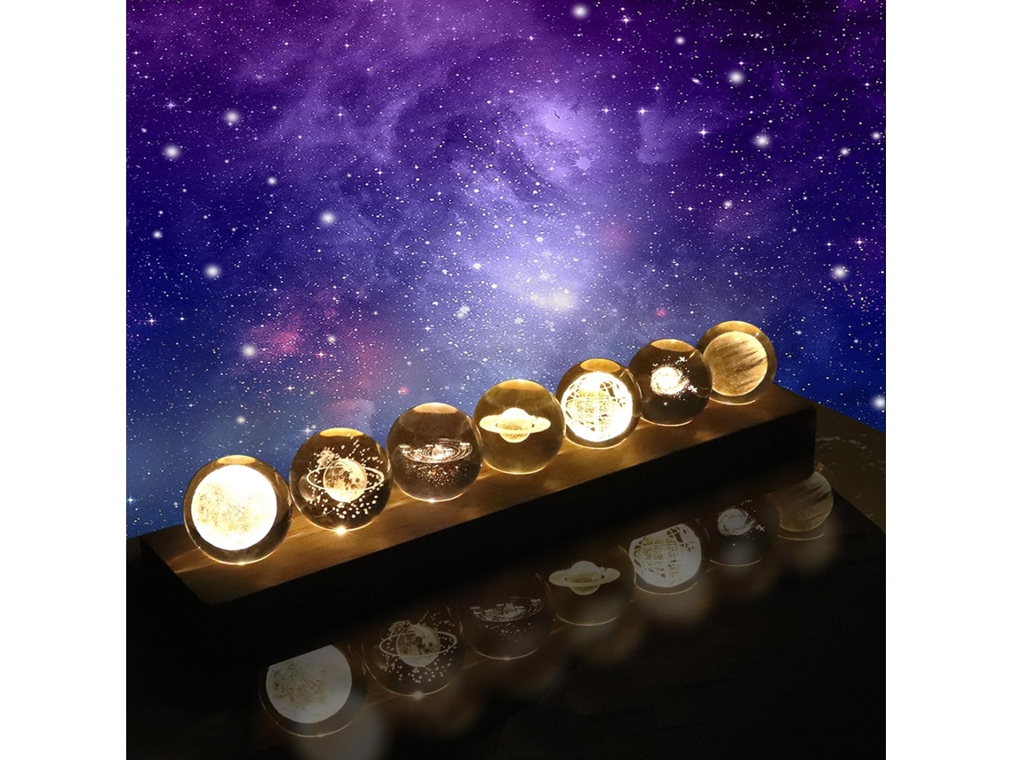 Luminária Noturna Em Formato De Bola Cristal Com Base Madeira E Led