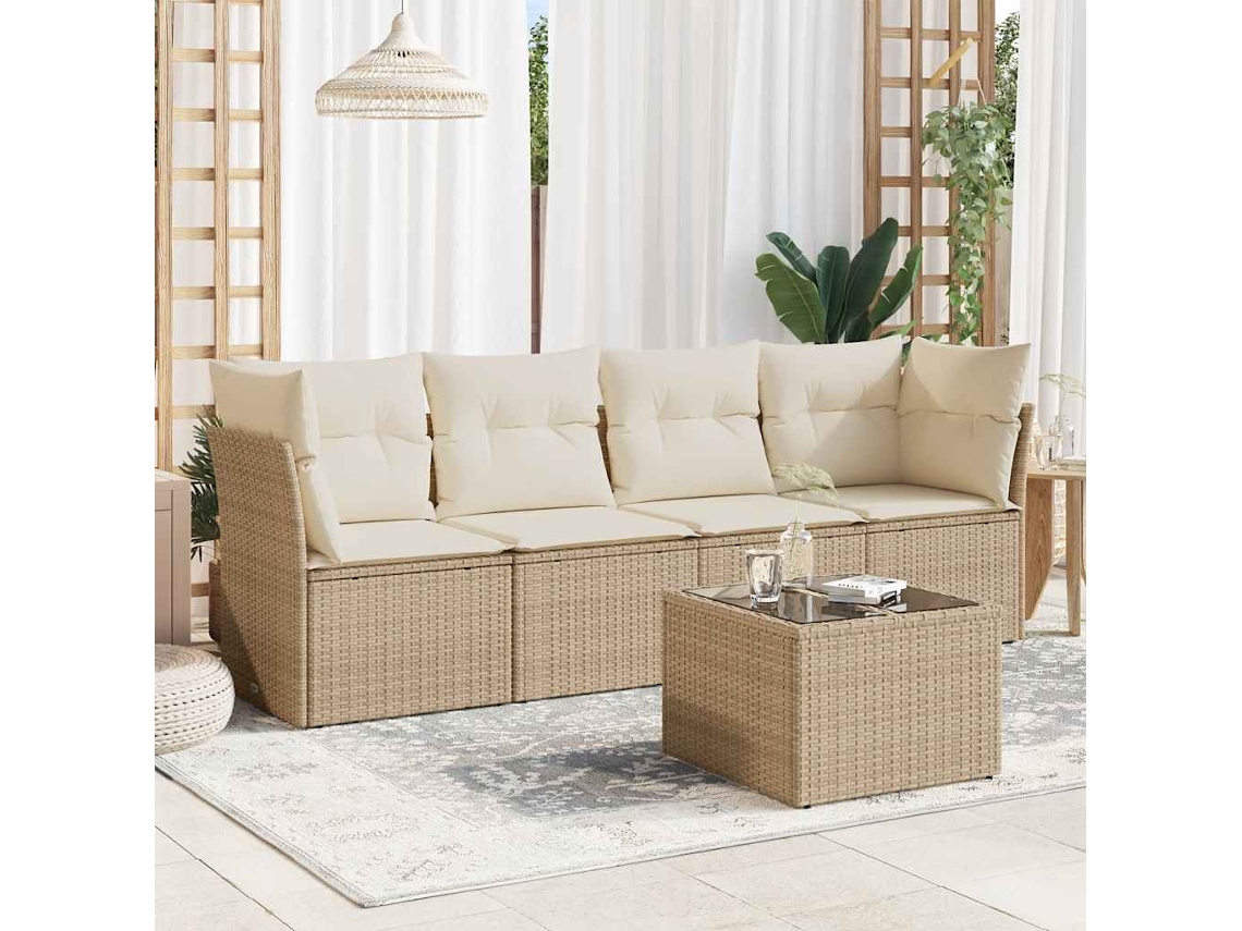 Vidaxl 5 Pcs Conjunto De Sofás P/ Jardim Com Almofadões Vime Pe Bege