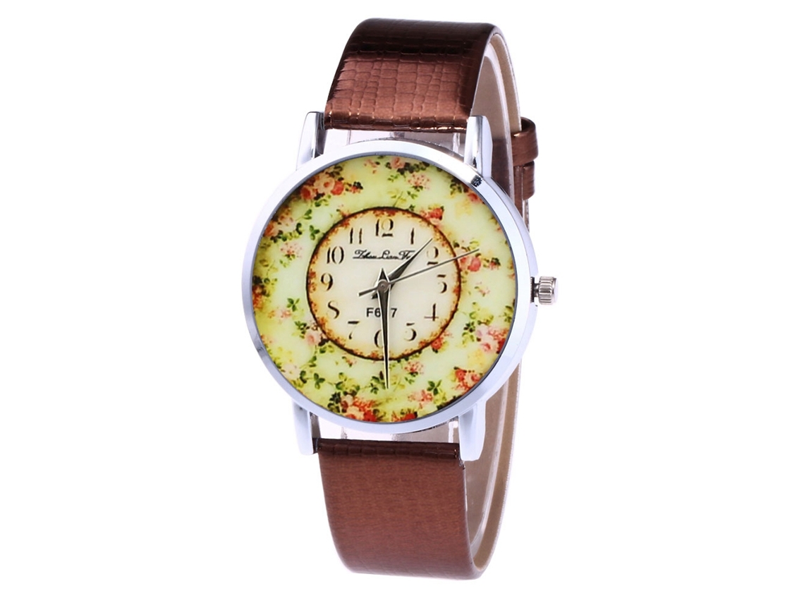 Relógio unissex para casais com mostrador floral e pulseira de couro PU marrom.