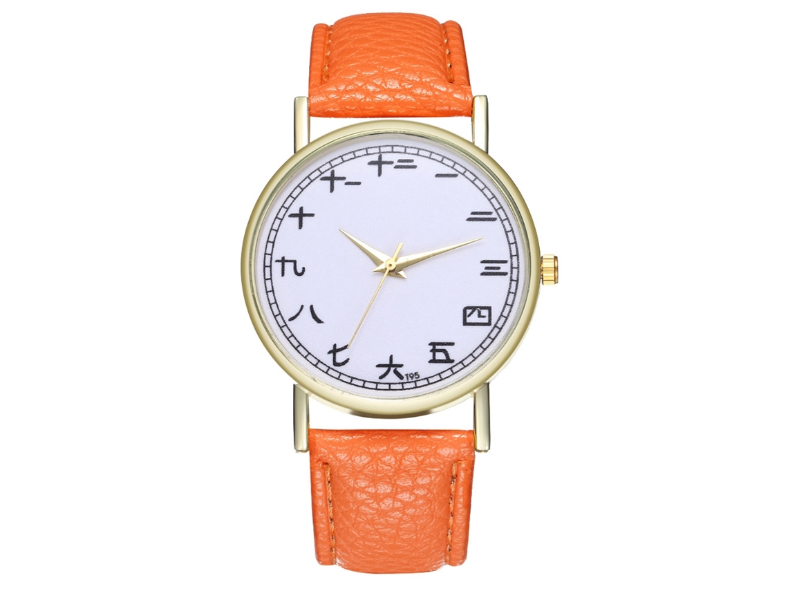 Relógio de pulso feminino elegante com pulseira de couro PU, mostrador analógico redondo de quartzo (laranja)