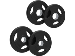 Body Revolution 2 discos de 2,5 kg + 2 discos de 5 kg com tripla pegada, totalizando 15 kg - em ferro fundido e com revestimento emborrachado, compatíveis com barras de 50 mm.