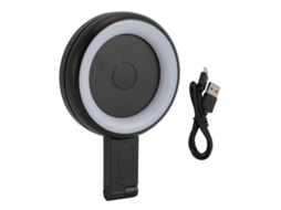 Lanterna LED para celulares com 3 modos de cor, alto brilho, ajustável em 180°, carregamento USB e bateria de longa duração para celulares e tablets.
