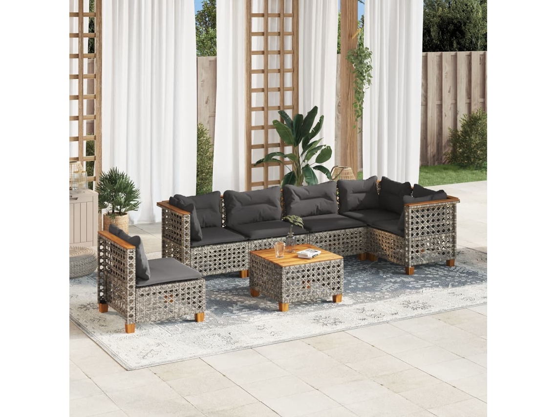 Vidaxl 7 Pcs Conjunto Sofás P/ Jardim C/ Almofadões Vime Pe Cinzento