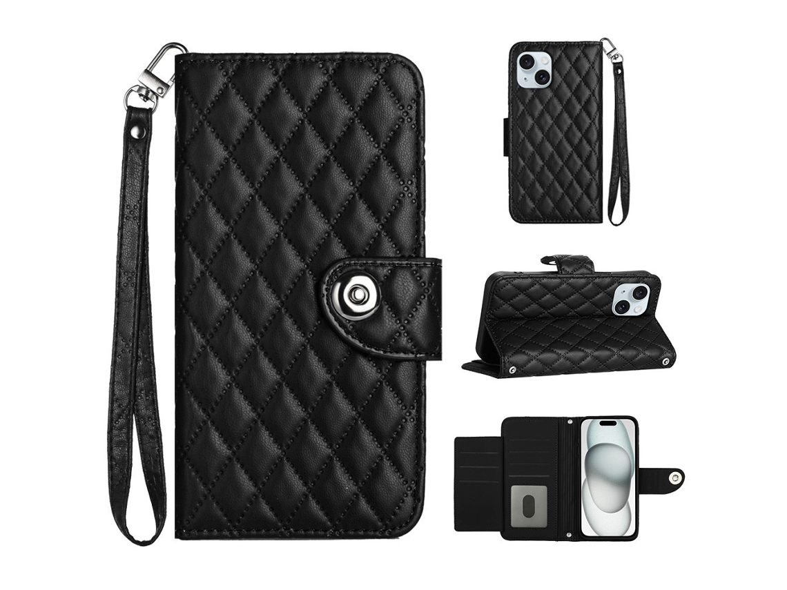 Capa Pega Para Iphone 15 Plus Pele Sintética Com Porta-cartões Preto