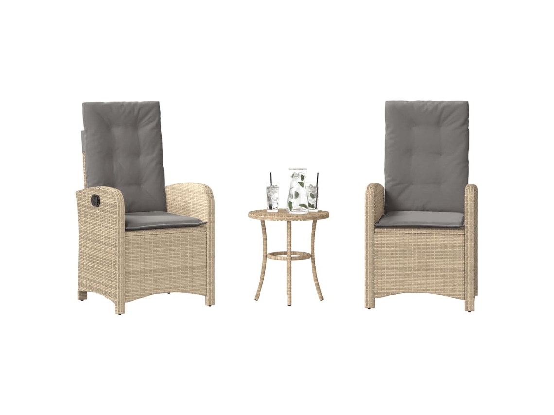 Vidaxl 3 Pcs Conjunto Bistrô Com Almofadões Vime Pe Bege Misturado