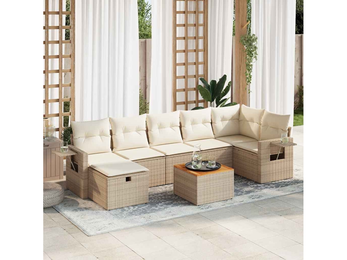 Vidaxl 8 Pcs Conjunto De Sofás P/ Jardim Com Almofadões Vime Pe Bege