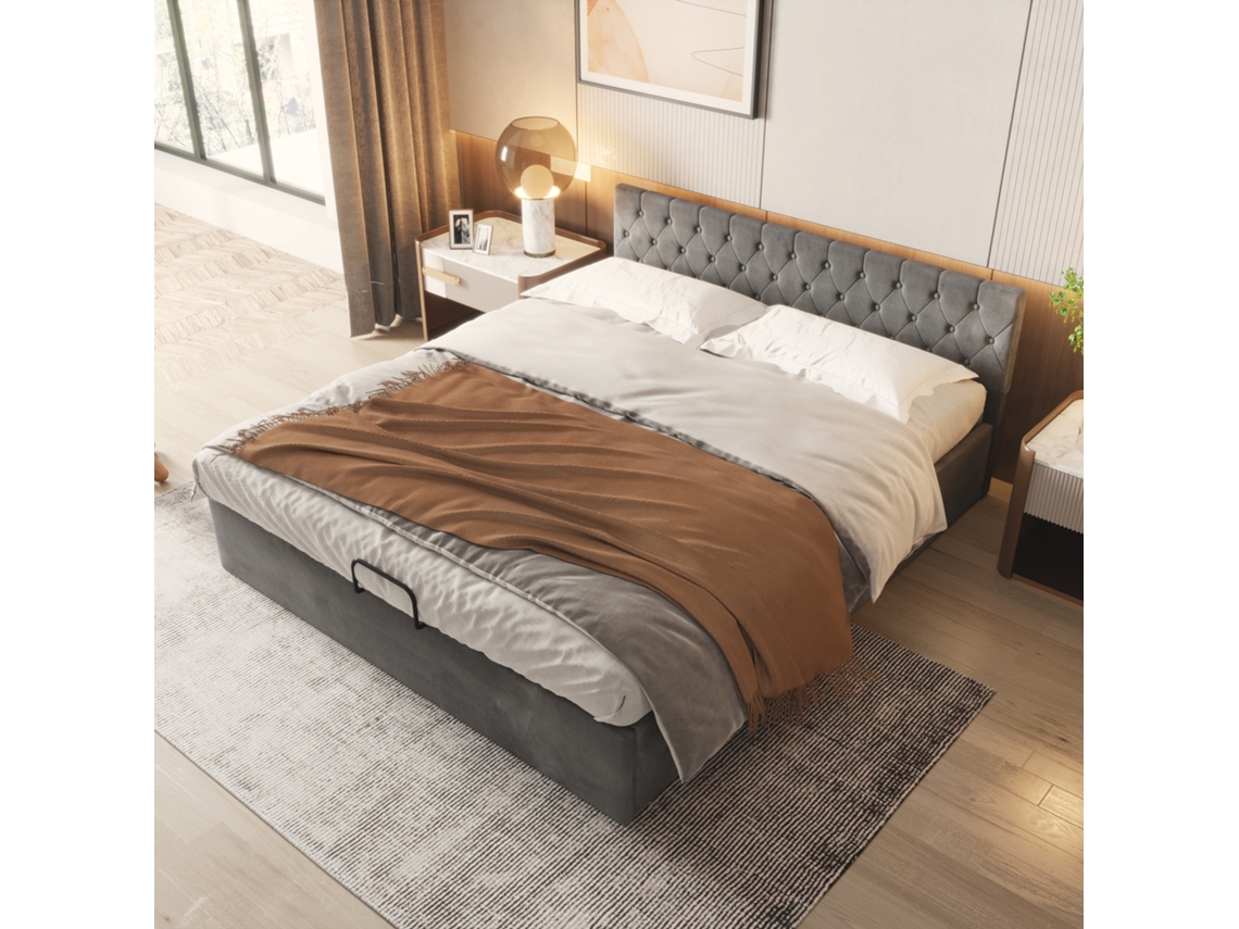 Cama Mobrio veludo cinza com cômoda 180x200 cm