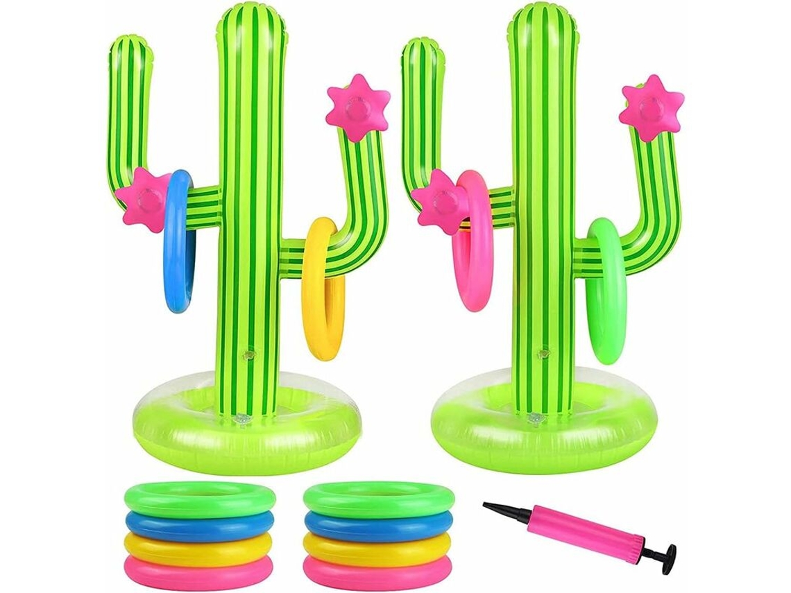 Conjunto inflável de 11 peças com cactos, inclui boia flutuante, 8 anéis coloridos e bomba manual AQUAFORGE