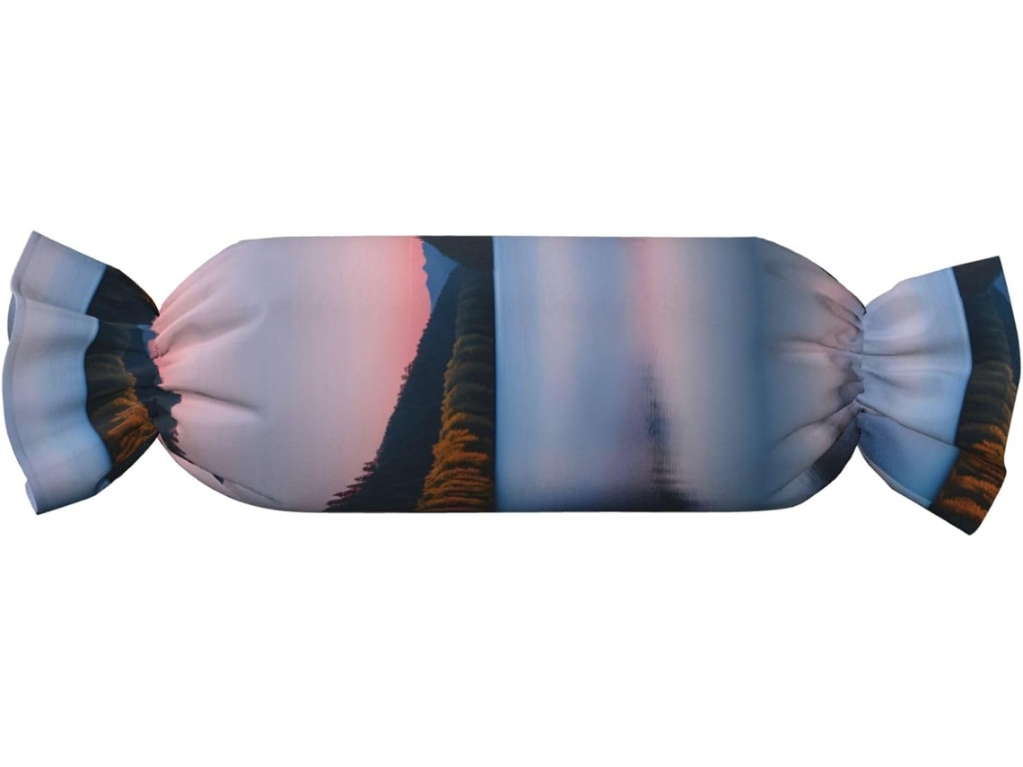Almofada Cilíndrica Formato de Doce com Estampa Pôr do Sol um Lago 100 % Poliéster Ideal para Viagens, Casa e