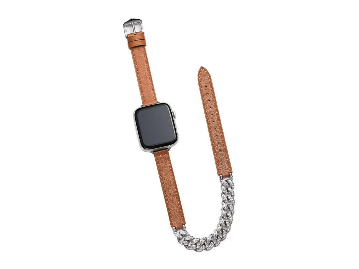 Bracelete Para Apple Watch 46/49/45/44mm - Couro Genuíno Cravejado Com Diamantes Marrom
