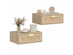 Conjunto de 2 Mesas de Cabeceira Flutuantes com Gaveta de Vime Economizando Espaço Design Moderno 40x30x15 Cm Natural Durável