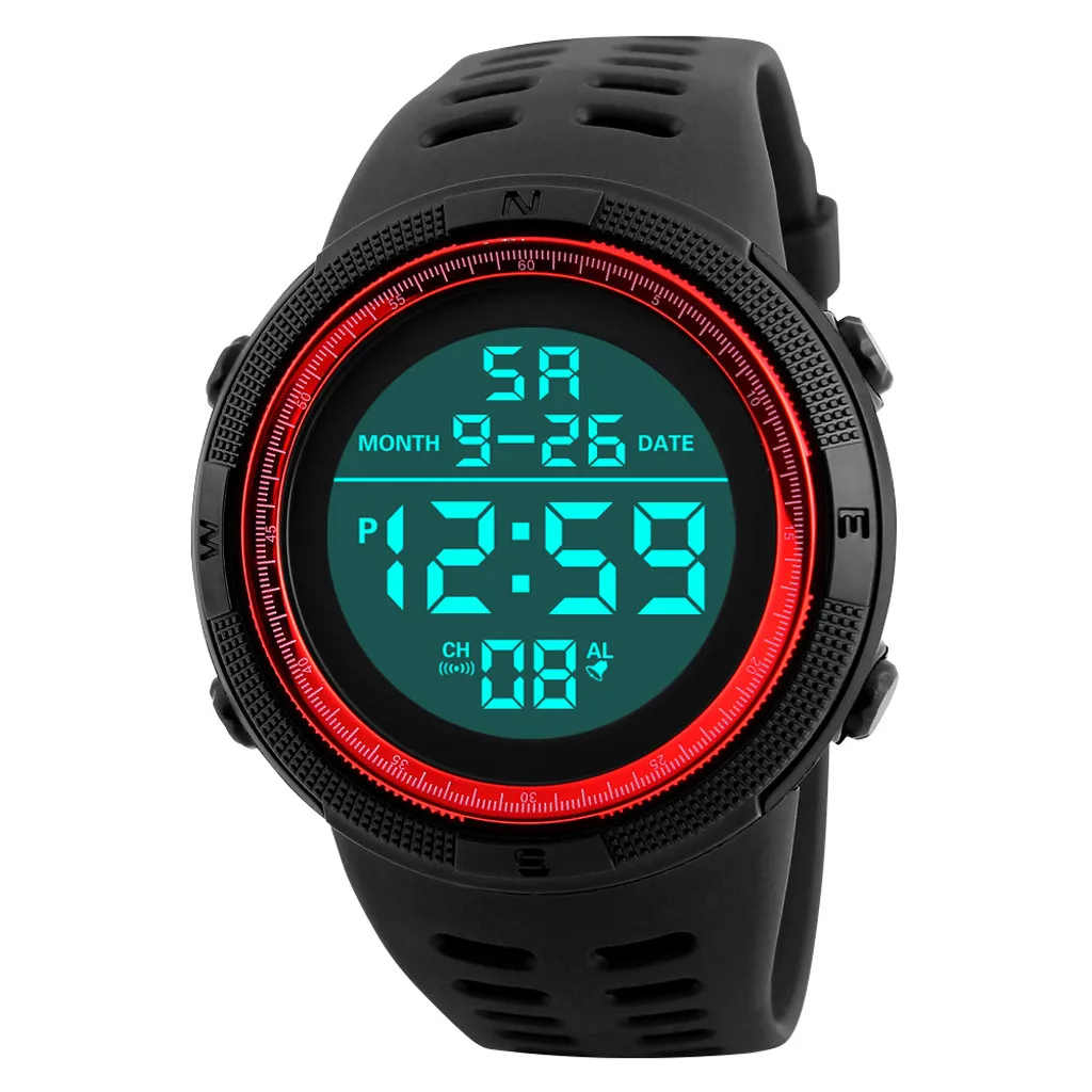 Relógio Esportivo Digital Masculino MDUG (vermelho) com visor luminoso, resistente à água e multifuncional