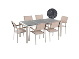 Conjunto De Refeição De Jardim Para 6 Pessoas Beliani Grosseto De Granito, Aço Inoxidável Preto/creme 180x90x70