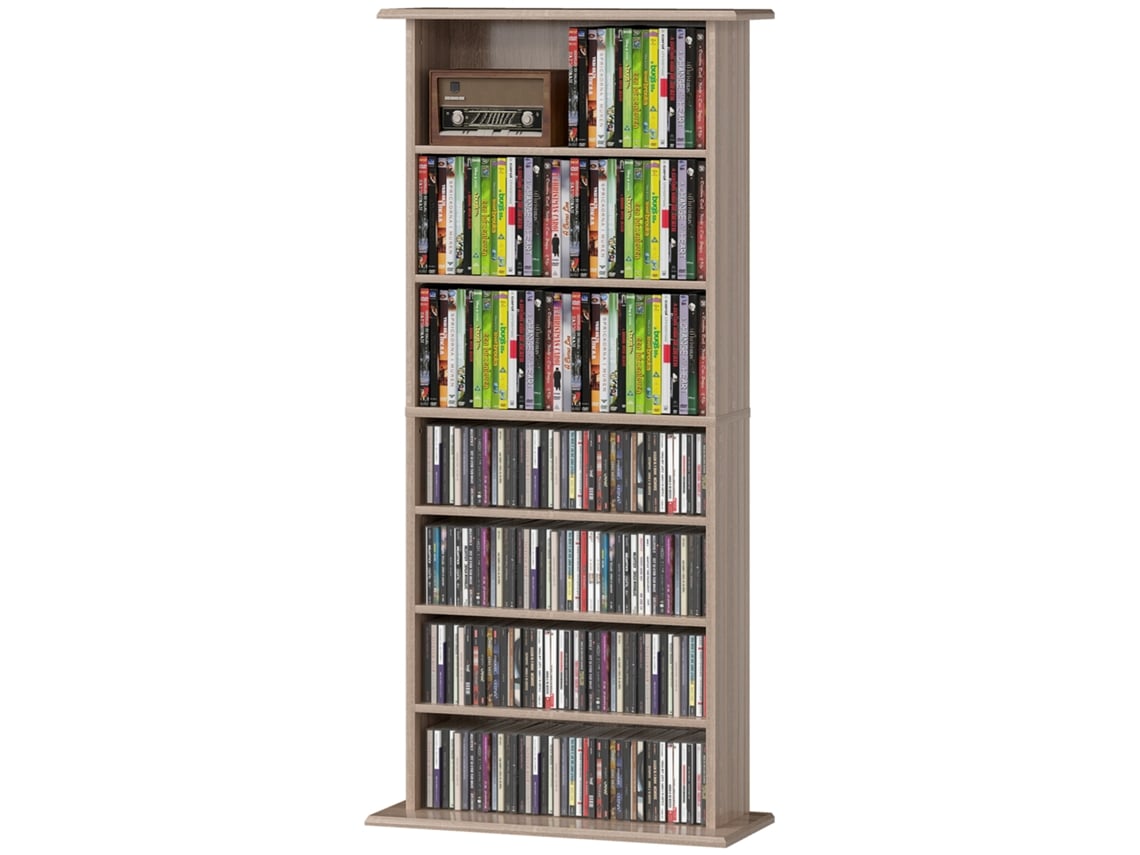 Armazenamento De Cds E Dvds Com 8 Compartimentos E 6 Prateleiras Ajustáveis, Natural