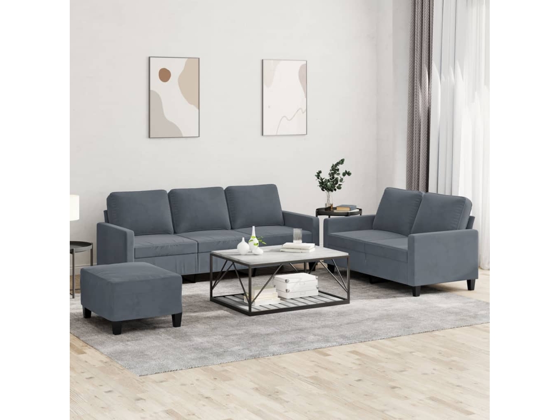 Vidaxl 3 Pcs Conjunto De Sofás Com Almofadões Veludo Cinzento-escuro