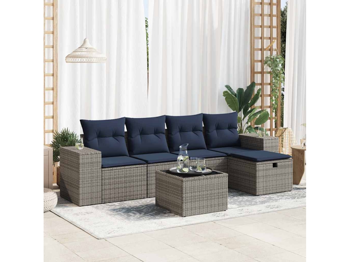 Vidaxl 6 Pcs Conjunto Sofás De Jardim Com Almofadões Vime Cinzento