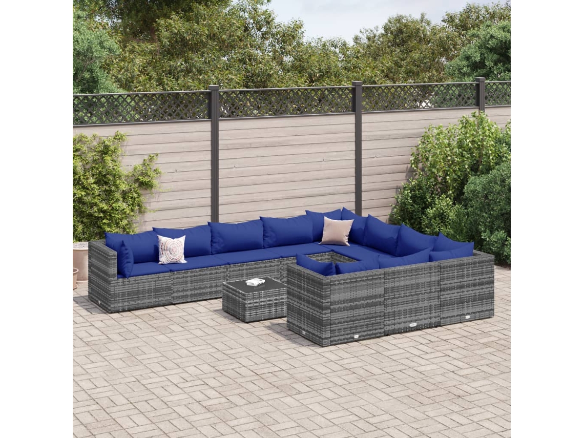 Vidaxl 11 Pcs Conjunto Sofás De Jardim C/ Almofadões Vime Pe Cinzento