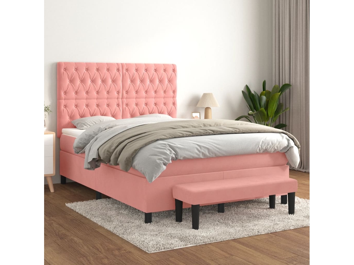 Vidaxl Cama Com Molas/colchão 140x190 Cm Veludo Rosa
