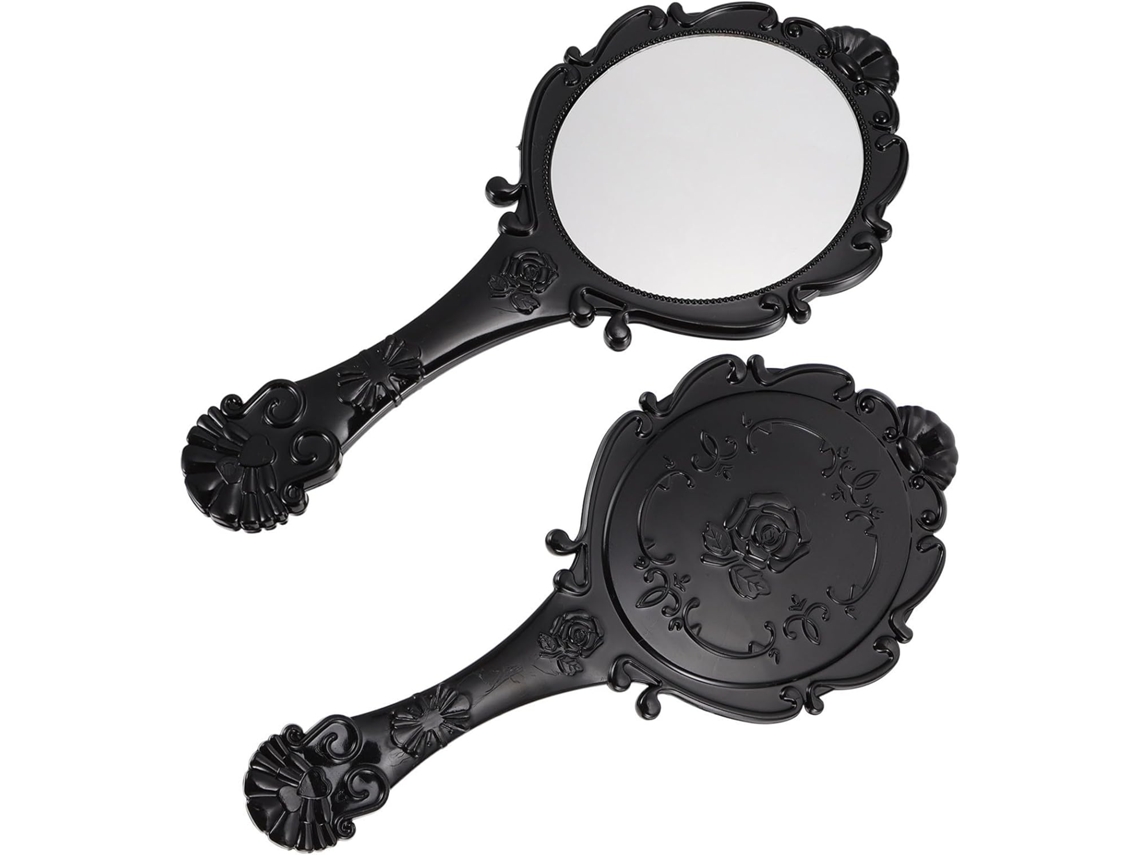 Conjunto de 2 espelhos de viagem portáteis vintage em vidro preto para mulheres.