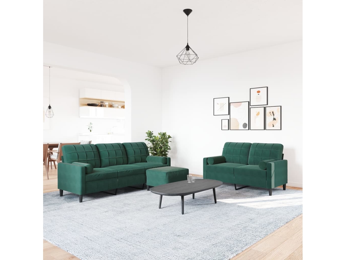 3 Pcs Conjunto Sofás com Almofadões e Rolos Veludo Verde escuro SYFAX
