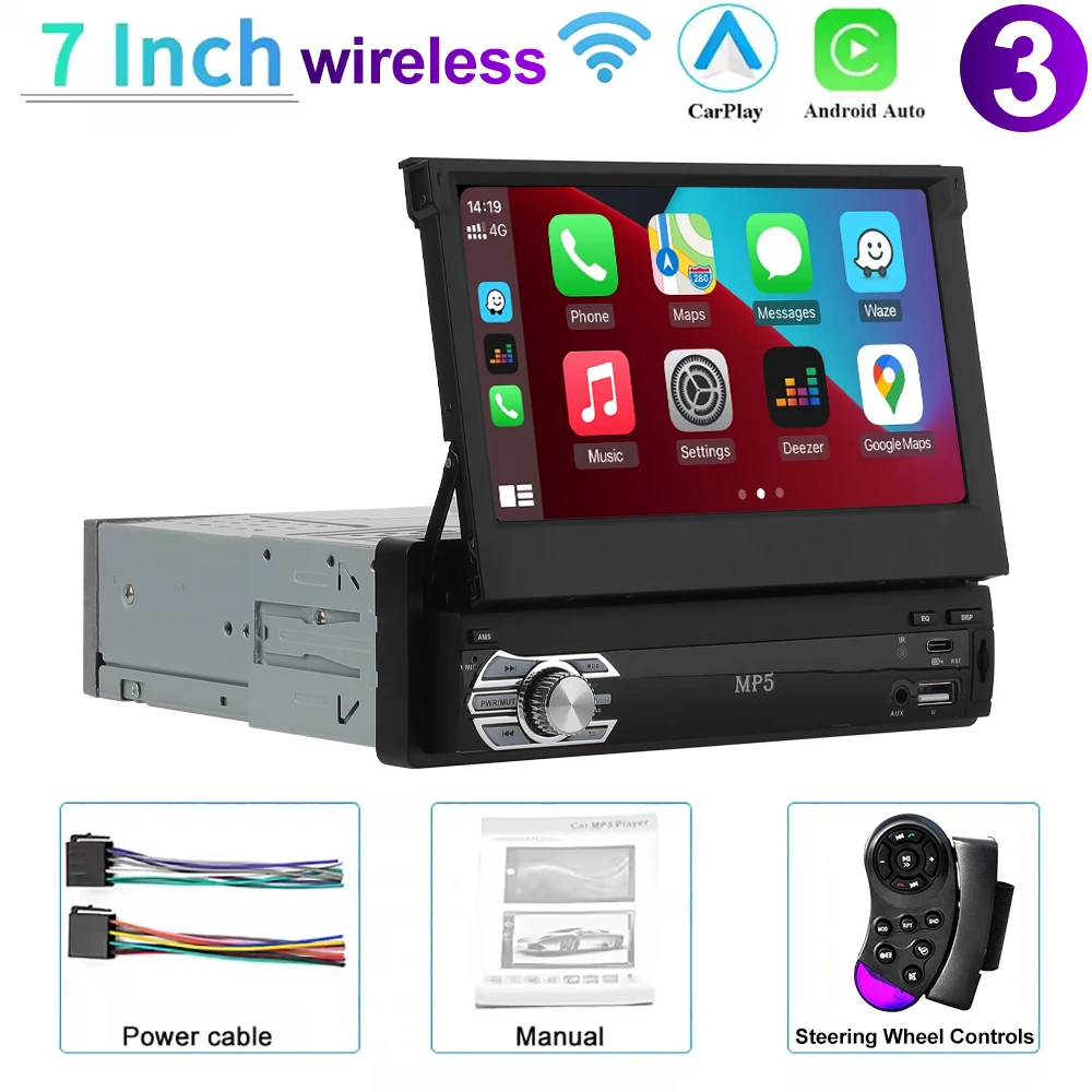 Sistema Multimídia Automotivo Single Din (sem Fio) Com Tela Sensível Ao Toque Retrátil De 7 Polegadas Compatível Com Carplay.