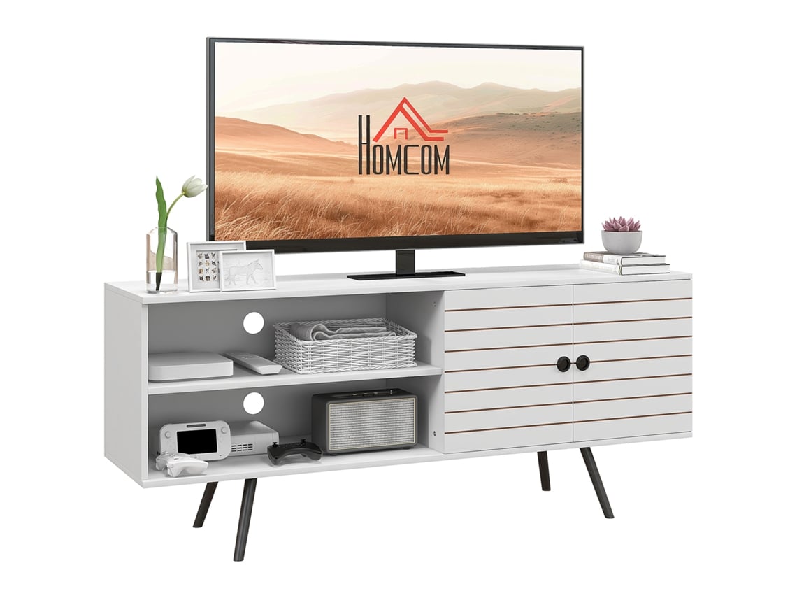 Suporte Para Tv Para Televisores De Até 65 Polegadas Com 2 Compartimentos Abertos E 1 Prateleira Ajustável, 145x38x65 Cm, Branco