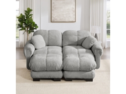 Sofá Modular U 2 Lugares Em Chenille Com Pufe Móvel, Design Capitonado, Almofadas Espessas E Confortáveis, Cinzento Claro