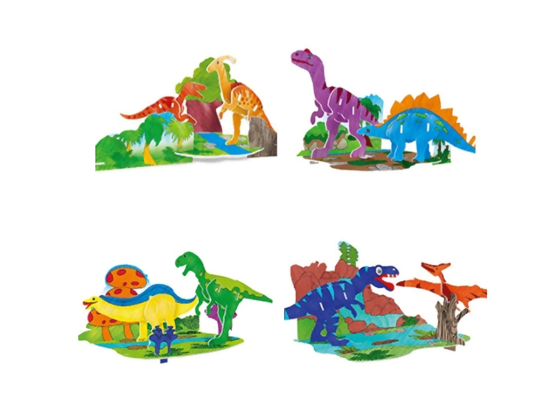 Um Conjunto De 4 Quebra-cabeças 3d De Dinossauros Para Colorir, Contendo 51 Peças De Papelão, Pode Ser Facilmente Montado Sem Ferramentas.