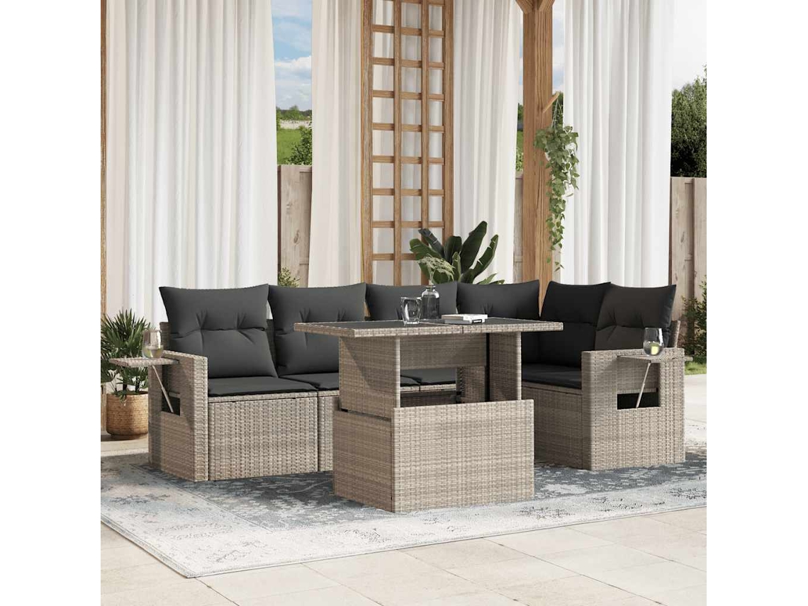 Vidaxl 6 Pcs Conj. Sofás Jardim Com Almofadões Vime Pe Cinzento-claro
