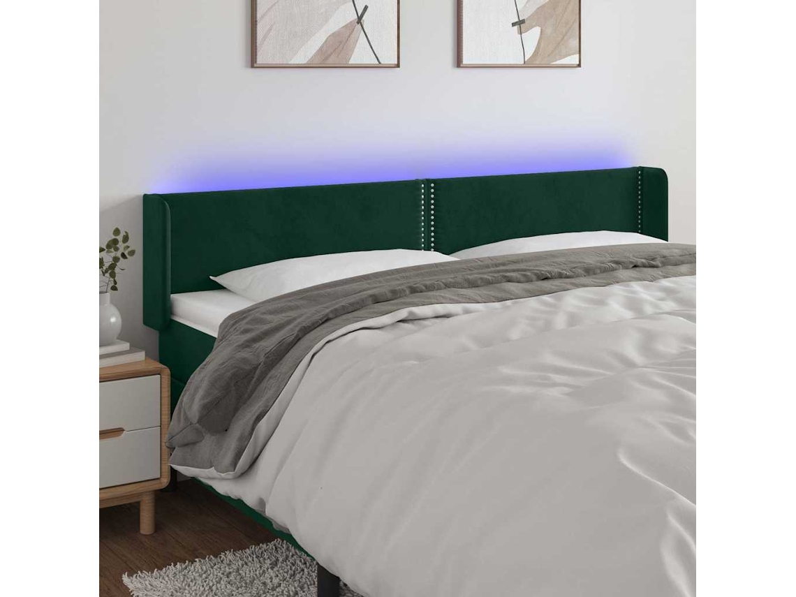 Vidaxl Cabeceira Cama C/ Luzes Led Veludo 203x16x78/88 Cm Verde-escuro