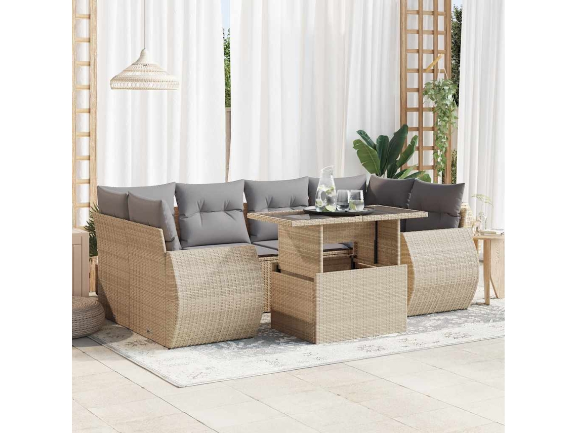 Vidaxl 7 Pcs Conjunto De Sofás P/ Jardim Com Almofadões Vime Pe Bege