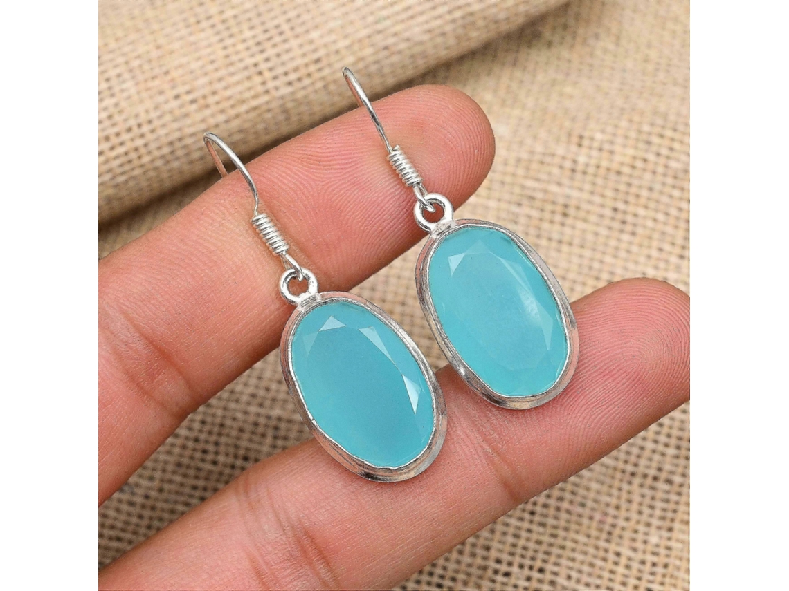 Brincos De Prata 925 Com Pedra De Calcedônia Azul, Feitos À Mão, 1.57 Polegadas