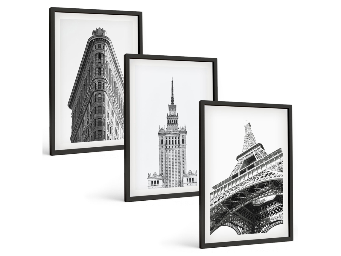 Galeria De Pinturas Murais Edifícios Arquitetônicos Em Preto E Branco Moldura Preta Imagens Para Um Quarto Infantil Espelharte (3 Piezas De 40x60 Cm)