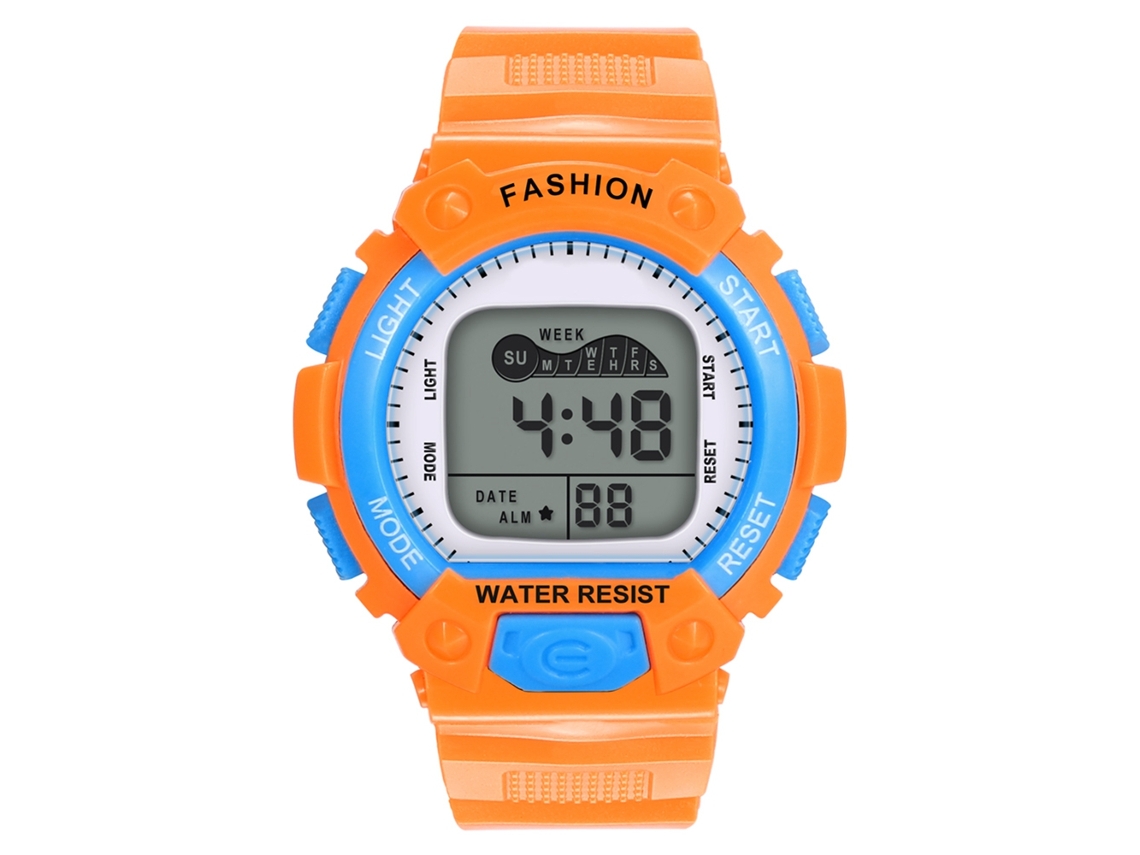 Relógio de pulso digital infantil eletrônico, cor laranja, em PVC.