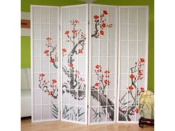 Biombo japonês dobrável de madeira com 4 painéis na cor branca, 176x175 cm Par06017