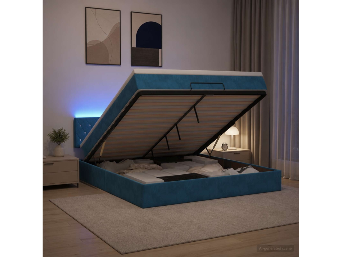 Vidaxl Cama Ottoman Com Colchão E Led Azul Escuro 140 X 200 Cm Veludo