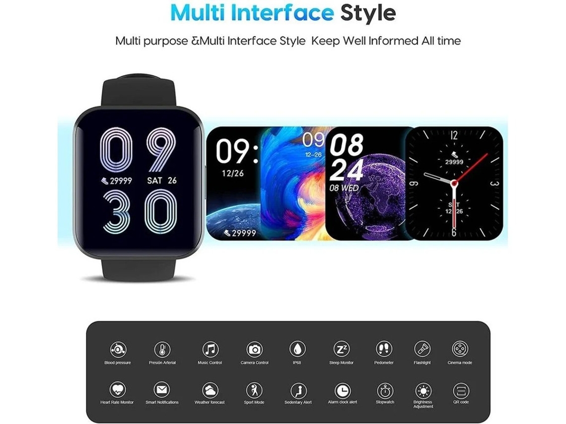 Smartwatch Connected Watch de 1,7 polegadas com pedômetro, calorias, sono, tela colorida, para homens e mulheres, iPhone e Android (preto)