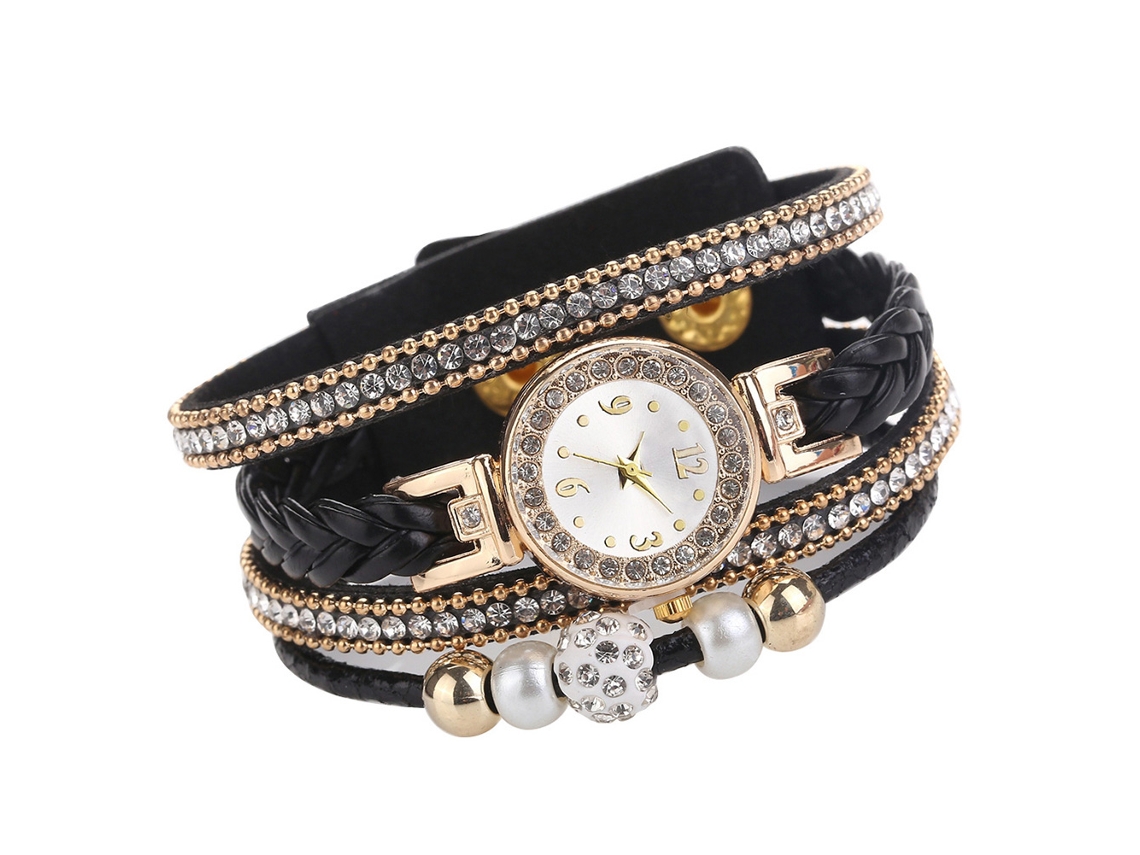 Relógio de Pulso Feminino de Strass Multicamadas com Cordão Trançado Quartzo Preto