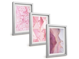 Composição De Quadros Na Paredepeônias Rosa, Geométrico Moldura Prateada Quadros Para A Sala De Estar Espelharte (3 Peças 20x30 Cm)