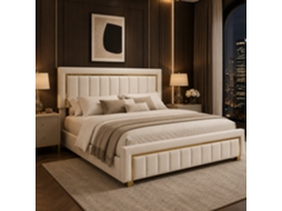 Cama Baú Com Acabamentos Dourados, Cama De Casal 140x200 Cm Com Cabeceira Capitonê, Estrutura De Cama Para Adultos E Adolescentes, Veludo Bege