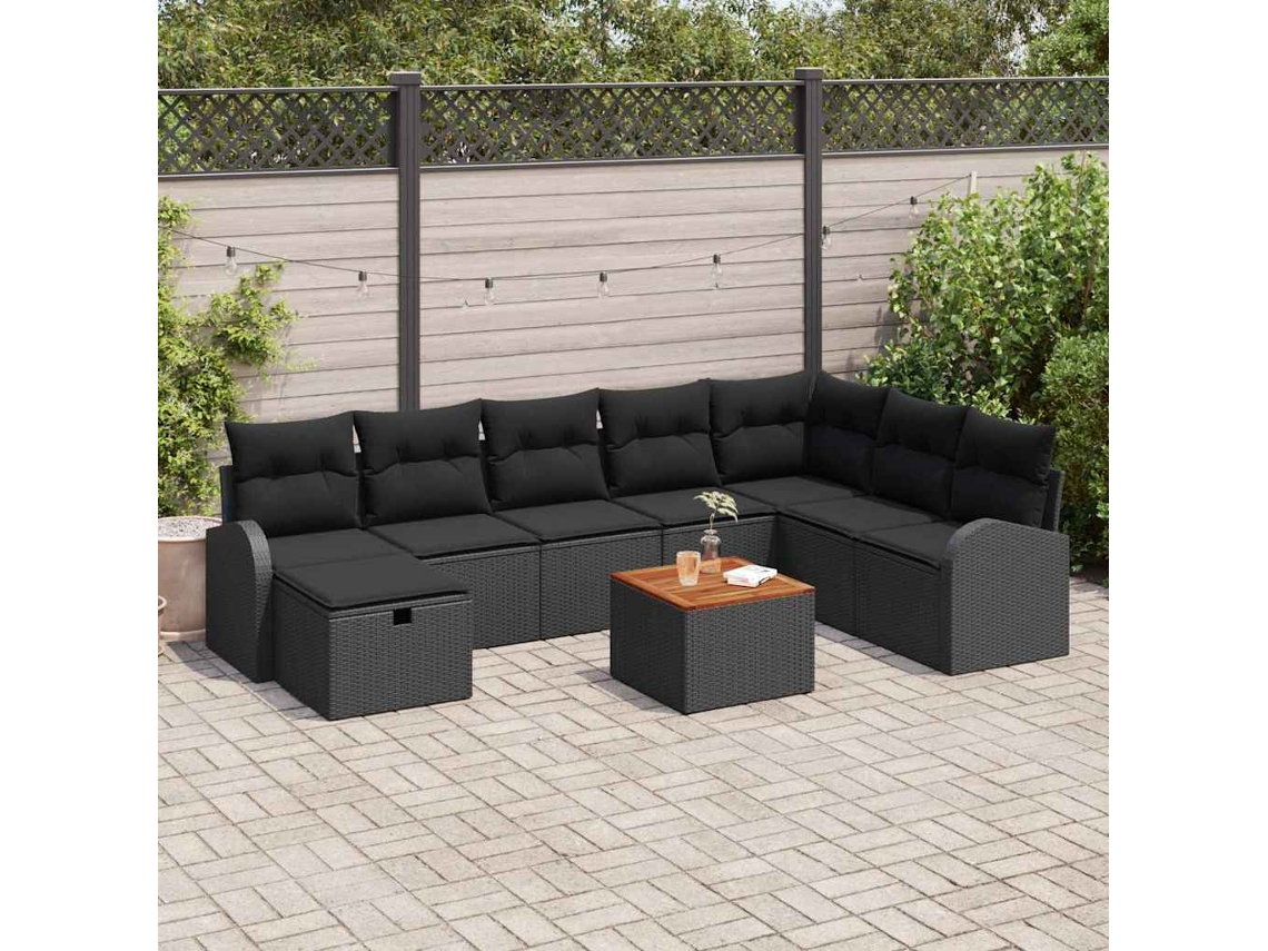 Vidaxl Conjunto de Sofá de Jardim com Almofada 9 Pcs Preto Vime Pe