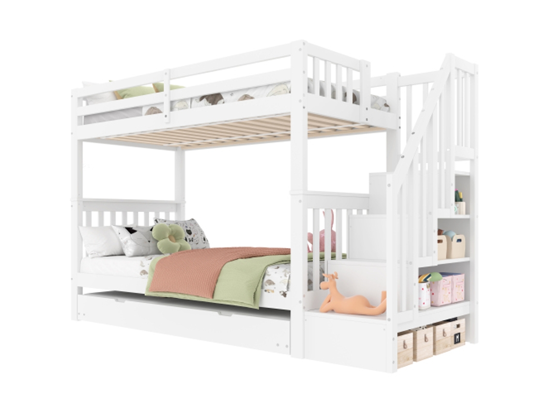 Beliche 90*200cm, Com Prateleira Para Escada, Equipada Com Cama Auxiliar Retrátil, Grades Altas, Certificada Pela Norma En747-1, Branca.